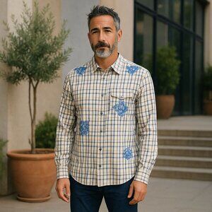 Men America International Male Size XL Vintage 80s Blue White Western Snap Shirt